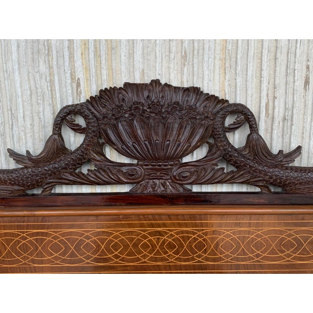 Brown Antique Geometrical Marquetry Inlaid Mahogany Mirror With Ebonized Carved Crest For Sale - Image 8 of 10