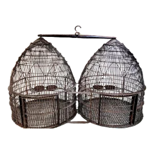 1930s French Hanging Metal Double Beehive Dome Bird Cage