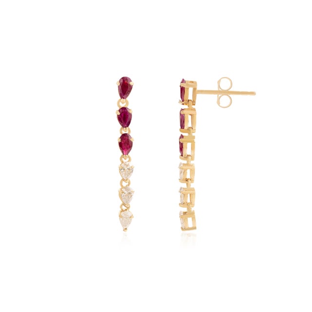 Late 20th Century 1.32 Ct Pear Shape Red Ruby & Diamond Drop Earrings in 14k Gold- A Pair For Sale - Image 4 of 14