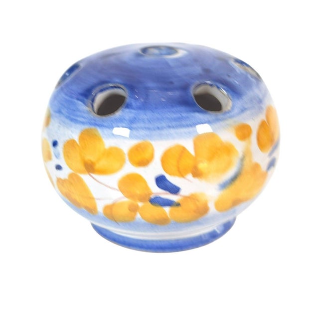 Late 20th Century Vintage Italian Hand-Painted Blue & Yellow Floral Ceramic Flower Frog Bud Vase For Sale - Image 5 of 13