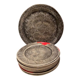 2019 South African Handmade Black and Tan Dinner Plates and Large Platter From WonkiWare - 13 Pieces For Sale