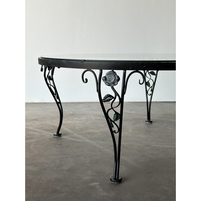 Metal Black Wrought Iron Rose Patio Coffee Table With Round Glass Top by Woodard, Mid-20th Century For Sale - Image 7 of 14
