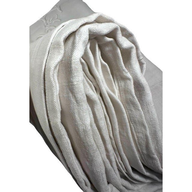 Textile Antique French Heavy Linen Sheet, Mf Monogram, Hand Embroidered, Center Seam, Circa 1900 For Sale - Image 7 of 11