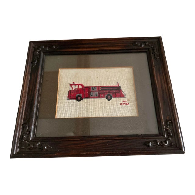 1982 Handmade Needlepoint Fire Truck Signed With Vintage Frame For Sale