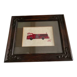 1982 Handmade Needlepoint Fire Truck Signed With Vintage Frame