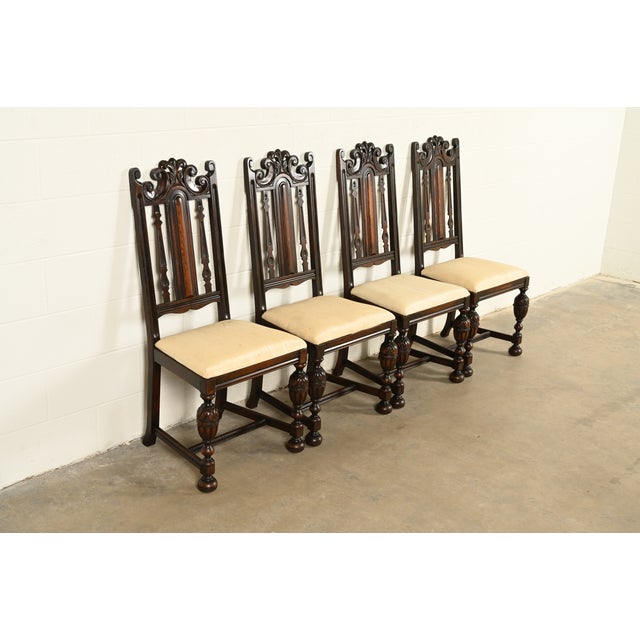 Berkey & Gay Berkey & Gay Antique English Jacobean Carved Walnut Dining Chairs, Set of Four For Sale - Image 4 of 13