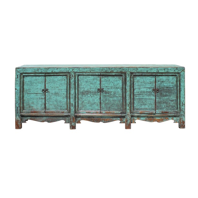 Chinese Distressed Aqua Green Finish High Credenza Console Buffet