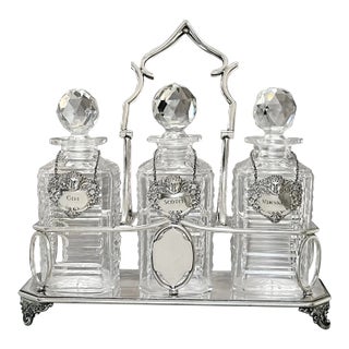 Decanter Set Antique Circa 19th / Tantalus Epns Set With Sterling Silver Liquor Tags - 4 Pieces For Sale