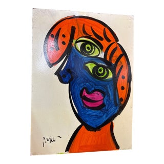 1970s Peter Keil Abstract Cubist Blue Portrait Painting For Sale