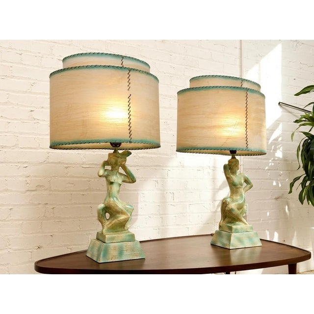 Art Deco Vintage Figural Table Lamps With Fiberglass Shades - Pair For Sale - Image 3 of 7