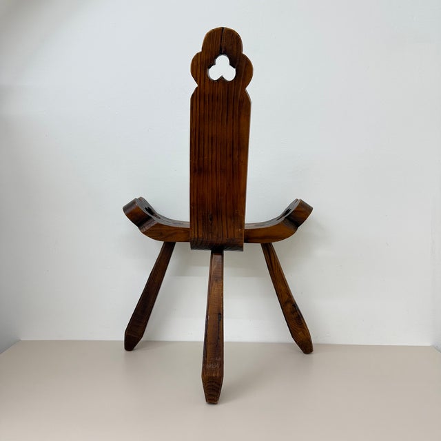 Spanish Brutalist Hand Carved Oak Tripod Chair, 1970s For Sale - Image 11 of 18