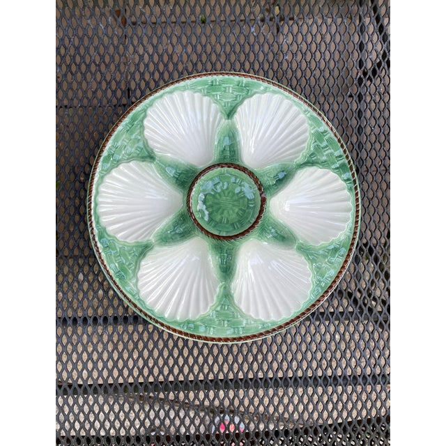 Antique 1920s French Longchamp Majolica Green and White Oyster Plate For Sale - Image 14 of 14