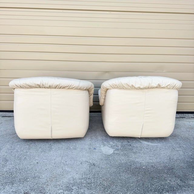 Cream Postmodern Cream Sculpted Tufted Leather Swivel Lounge Chairs - A Pair For Sale - Image 8 of 12