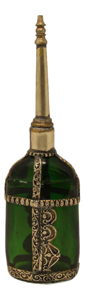 Moorish Green Glass Perfume Bottle Sprinkler with Embossed Metal Overlay