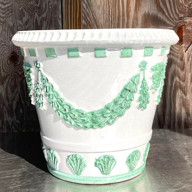 Traditional Vintage Regency Glazed Ceramic Terracotta Swag Planter For Sale - Image 3 of 6