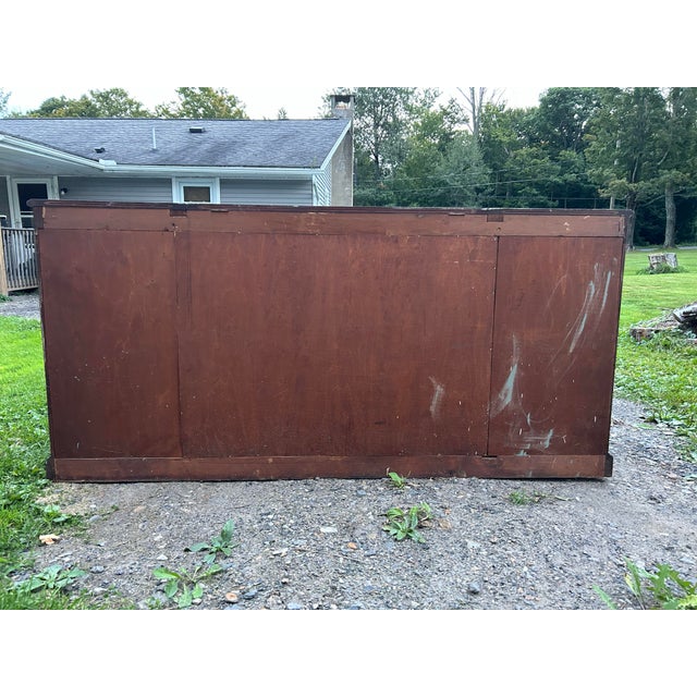 Vintage Carved Mahogany Sideboard / Bar Cabinet With Gold-Tooled Leather For Sale - Image 6 of 12