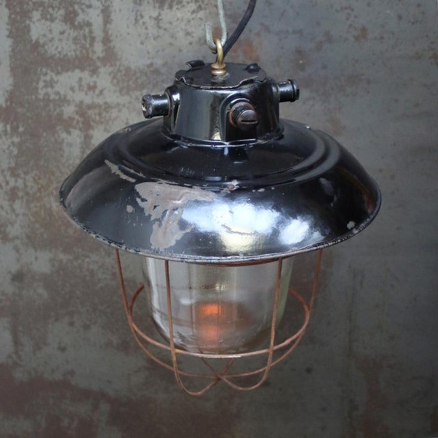 Vintage Industrial Black Enamel and Clear Frosted Glass Pendant Light For Sale - Image 4 of 6