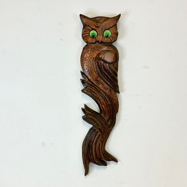 Folk Art Mid-Century Boho Chic Arts & Crafts Folk Art Hand Carved Wood Owl on Branch Sculptural Wall Object For Sale - Image 3 of 18