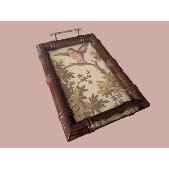 Hollywood Regency Vintage Faux Bamboo Glass Tray With Schumacher Fabric Insert For Sale - Image 3 of 14