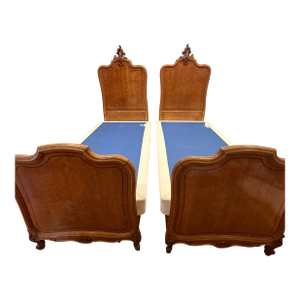 Pair of Antique French Twin Beds With Burl Wood Veneer & Hand-Carved Crests