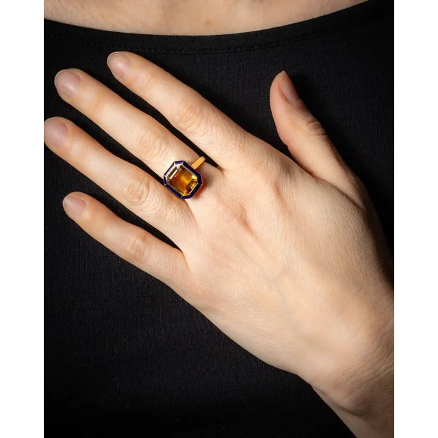 1990s 1990s Citrine Ring with Blue Enamel in 18K Gold, Size 6.25 For Sale - Image 5 of 5