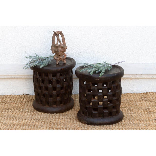 Wood Set of 2, Bamileke Carved Geometric Lattice End Tables For Sale - Image 7 of 7