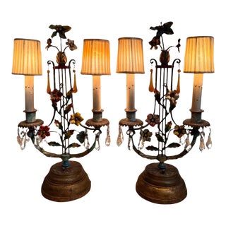 Pair of Antique Polychrome Tole and Crystal Table Chandelier Girandoles For Sale