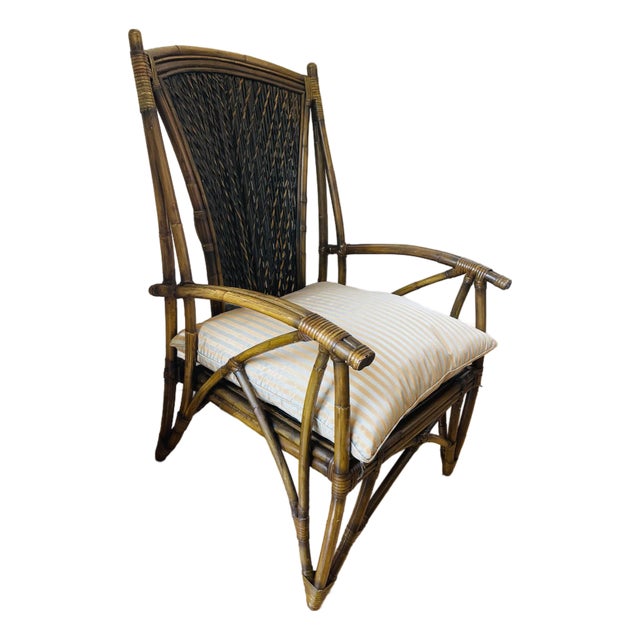 Vintage American Bamboo Armchair With Silk Feathers Pillow For Sale