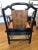 Large Asian inspired chair from Century Chair Company. Light orange velvet seat with black lacquer wood frame and burl...