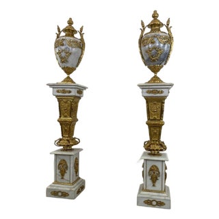 1960s French Marble & Gilt Bronze Urns on Pedestals For Sale