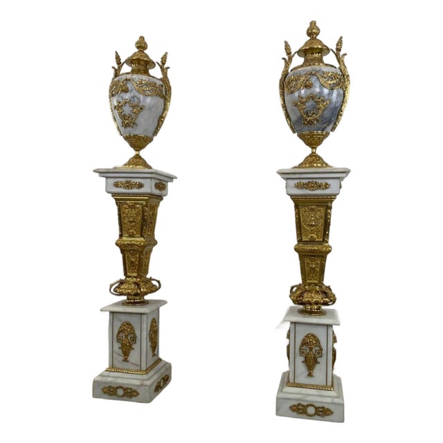 1960s French Marble & Gilt Bronze Urns on Pedestals For Sale