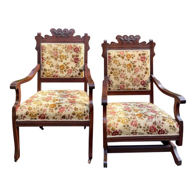 Vintage Armchairs Livingroom Armchairs Victorian Vintage King and Queen Early 20th Century Pair of Armchairs For Sale