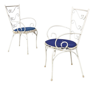 Set of Mid-Century Italian Modern White Iron Garden Chairs with Blue Pillows, 1960