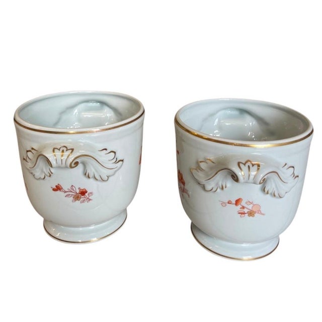 Rococo Vintage Floral Porcelain Cachepots With Gilded Rococo Handles For Sale - Image 3 of 12
