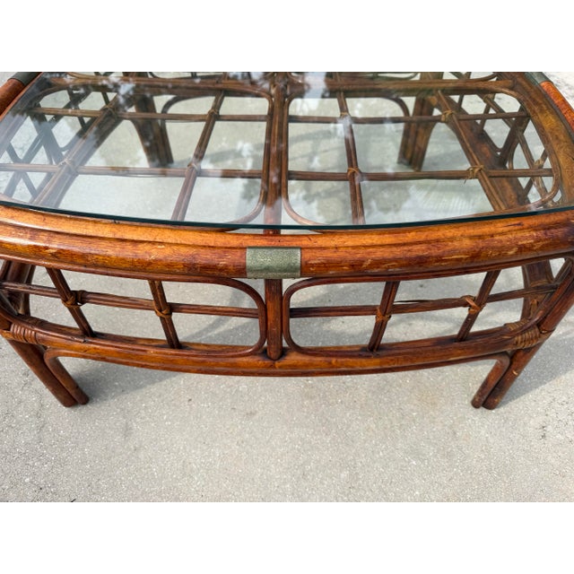 Brown Vintage Tortoise Bamboo Rattan Square Coffee Table With Glass Top For Sale - Image 8 of 12