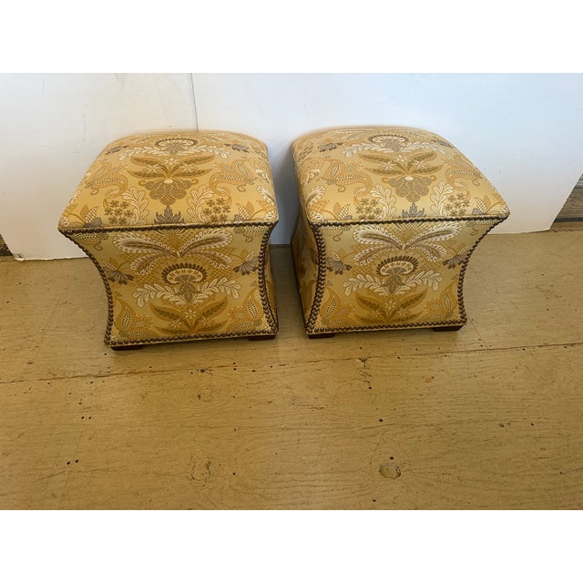 Pair of Luxurious upholstered stools by Lexington finished with brass nailheads. 21.5” square top. 19” H