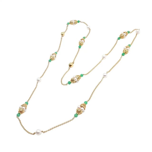 Green Vintage Mikimoto Pearl Yellow Gold Chalcedony Bead Long Necklace For Sale - Image 8 of 8