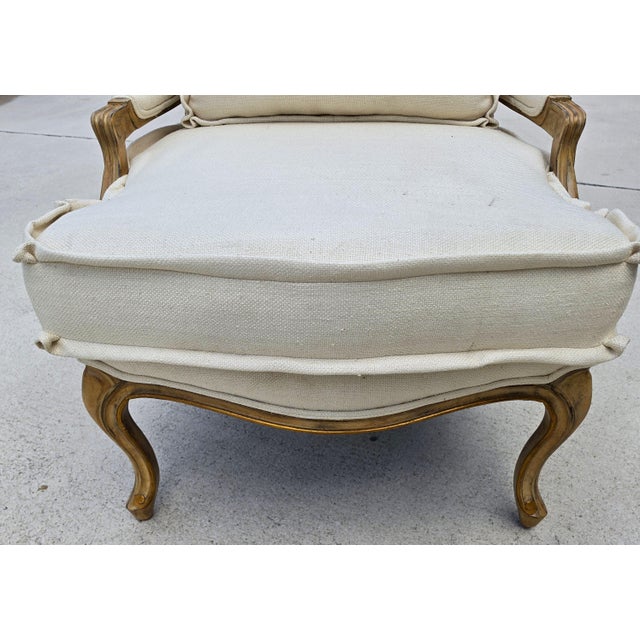 Wood Beverly Furniture French Louis XV Fauteuil Off-White Heavy Linen Lounge Chair For Sale - Image 7 of 15
