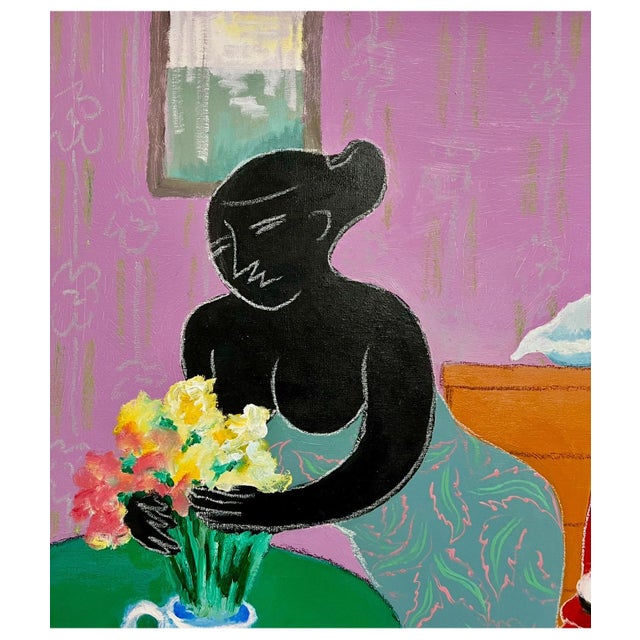 Early 20th Century Liang Yifeng, Chinese Taiwanese Modernist Oil Painting Liang Yifeng Woman in Blue Interior For Sale - Image 5 of 12