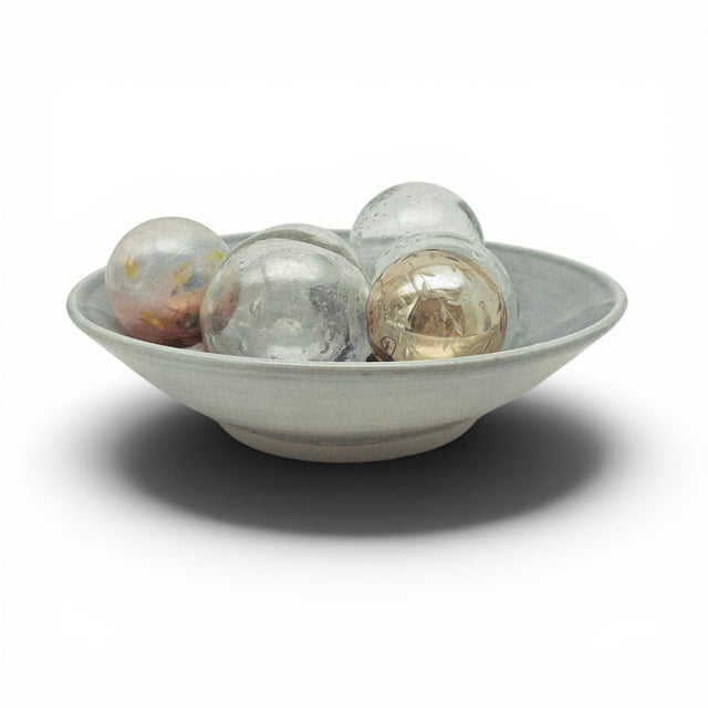Contemporary Vintage Studio Pottery Serving Bowl Celadon Cobalt Abstract Signed 13 For Sale - Image 3 of 11