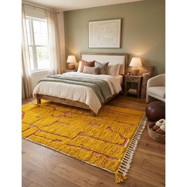 Mustard Moroccan Rug – Handmade Textured Berber Wool Rug This striking handmade Moroccan rug features a rich mustard...