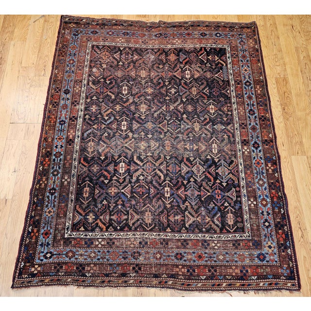 19th Century Persian Afshar Tribal Rug, Handwoven Wool, All-Over Geometric Pattern, Navy & Blue, 5x6 For Sale - Image 10 of 18