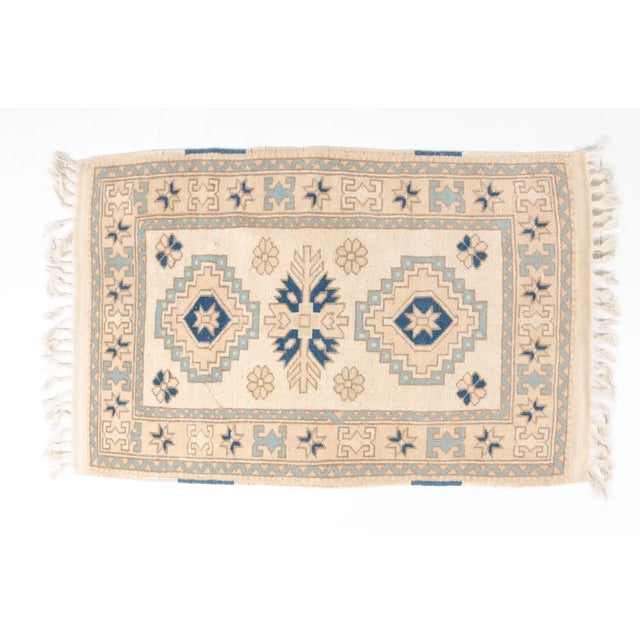 Blue and Cream Turkish Vintage Rug For Sale