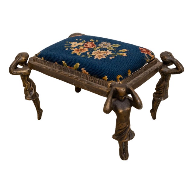 Art Nouveau Needlepoint Metal Base Stool For Sale