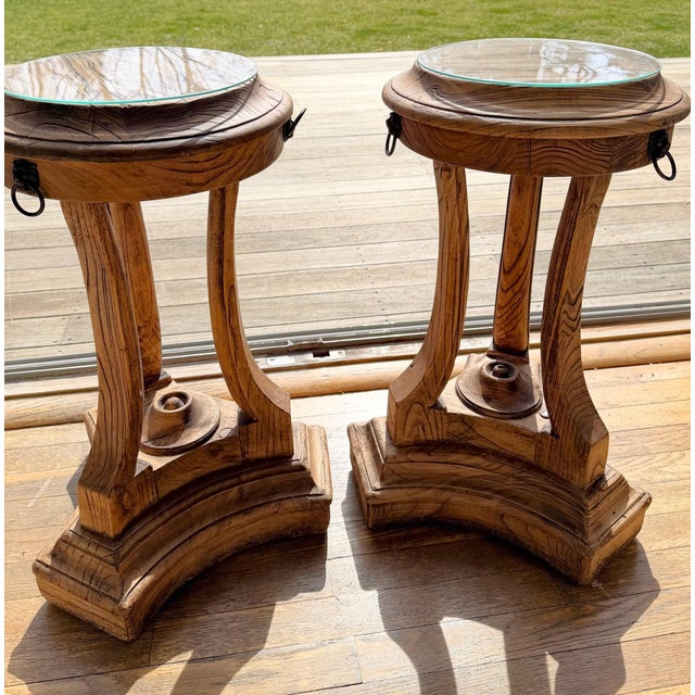 A Pair of Restoration Hardware Sculptural Pedestal Side Tables, Drinks Tables With Glass Tops For Sale - Image 18 of 18
