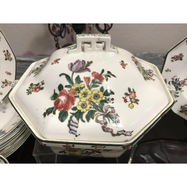 Instantly set a stunning, English country estate tablescape with this rare 28-piece vintage "Old Leeds Sprays" earthenware...