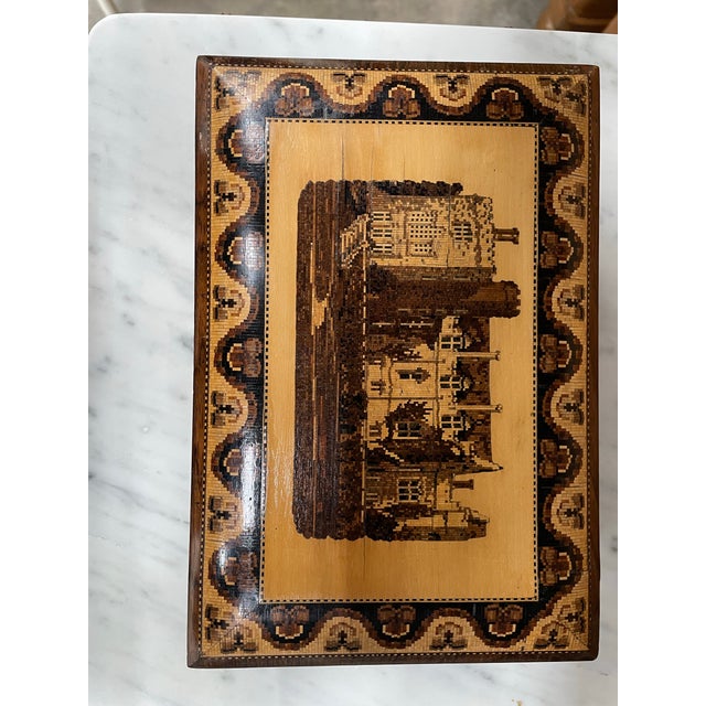 Scenic Turnbridgeware Jewelry Box with oak leaf border and British Castle design. Retaining the original 2 jewelry trays...