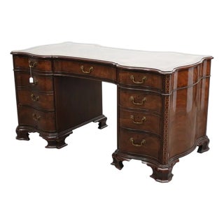 1950s Serpentine Front Baker Mahogany Leather Top Pedestal Writing Desk For Sale