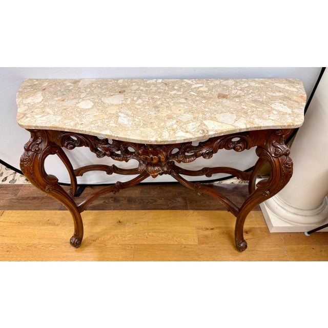 Rococo Style Marble Top Carved Walnut Console Table For Sale - Image 4 of 6
