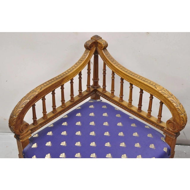 Early 20th Century Antique French Louis XVI Style Carved Walnut Lyre Harp Corner Lounge Chair Pair For Sale - Image 5 of 12